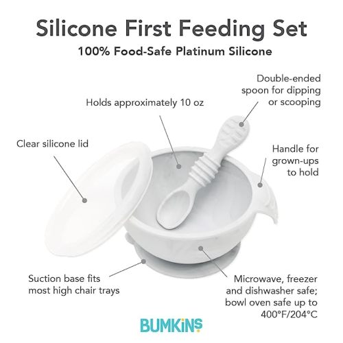 Bumkins Baby Bowl, Silicone Baby Feeding Set with Suction for Baby and Toddler, Includes Spoon and Lid, First Feeding Set, Essential for Baby Led Weaning for Babies 4 Months, Marble