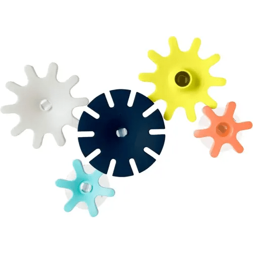 Boon Cogs Baby Bath Toys - Spinning Gear Themed Sensory Baby Toys for Bathtub - Suction Toys for Bathtub Walls - Navy and Yellow - 5 Count - Ages 12 Months and Up
