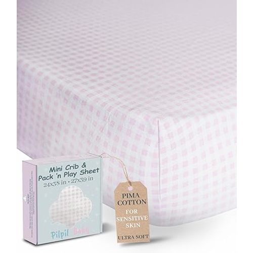 Mini Crib Sheet for Pack ’n Play 24x38 & 27x39 – 100% Peruvian Pima Cotton – Softer Than Muslin – Breathable & Hypoallergenic – Baby Bedding for Sensitive Skin – Pilpil Baby – Pink Gingham