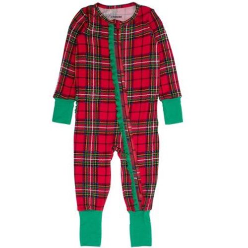 RuffleButts SoftSnooze Baby Girls Holiday Convertible Ruffle One Piece Pajama - Red Nicholas Plaid, 0-3m