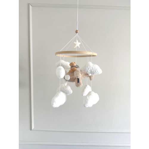 TEDS ADVENTURE cot, crib mobile. Soft Boucle clouds a vintage plane with a little teddy, perfect for a neutral nursery. Handcrafted.