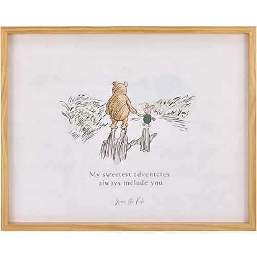 NoJo Disney Winnie The Pooh - Classic Pooh "My Sweetest Adventures Always Include You" with Piglet Natural Pine Wood Framed Art Canvas Wall Décor
