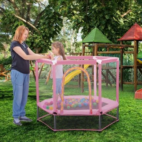 4.6FT Trampoline, Toddlers Indoor Outdoor Mini Trampoline with Safety Enclosure Net and Balls, Pink -ModernLuxe