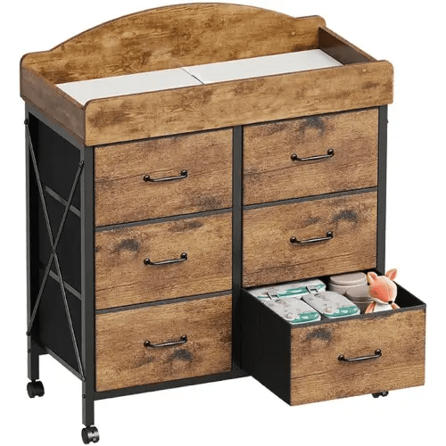 Baby Changing Table Dresser with Wheels, 6-Fabric Drawer Baby Dresser with Changing Table Top, Waterproof Diaper Changing Station & Pad, Mobile Storage Unit, Baby Furniture, Rustic Brown