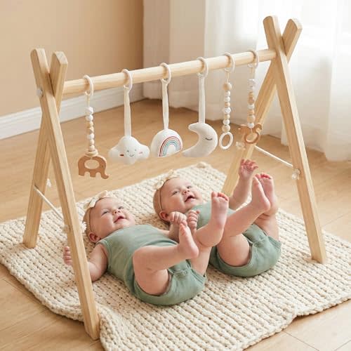 Mallify Wooden Baby Gym with 6 Gym Toys, Foldable Baby Play Gym, Natural Pine Wood Play Gym, Frame Activity Center Hanging Bar, Wooden Play Gym