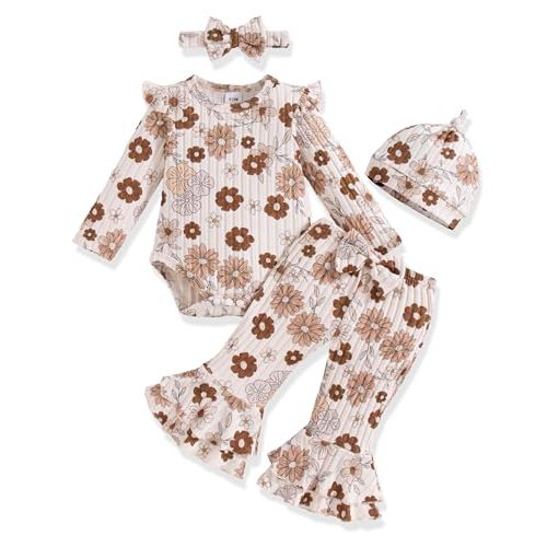 Vibebox Newborn Baby Girl Clothes Fall Coming Home Outfits Set Preemie-12M | Newborn Essentials, Winter Long Sleeve Ruffle Romper Bell Bottom Pants , Matching Clothing , Snap Closures,Headband and Hat