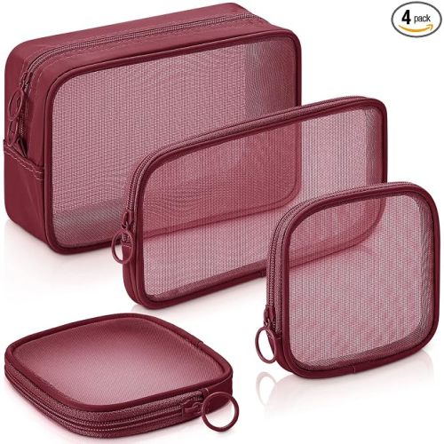 Weewooday 4 Pcs Mesh Makeup Bag Mesh Cosmetic Bag Travel Toiletry Pouch with Zipper Mini Makeup Cosmetic Purse for Daily Accessory(Large&Medium&Small,Wine Red)