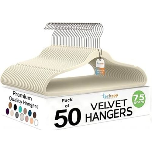 Techzoo 50 Pack New Premium Quality Velvet Hangers Ultra Thin Non Slip Adult Felt Space Saving Hangers for Closet Heavy Duty Coat Pants Jackets Dress Hangers 360° Swivel Hook Hold Upto 10 lbs Ivory