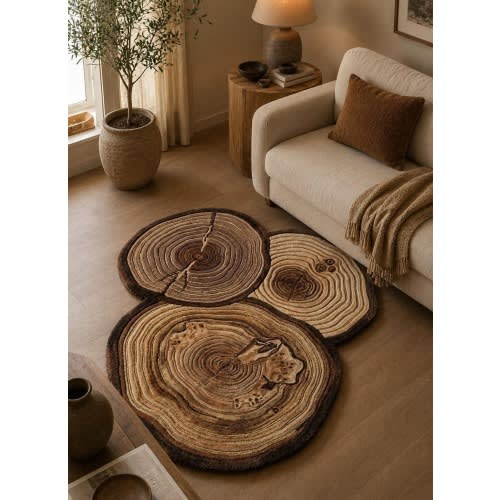 Hand-Tufted Wool Rug, Wood Slice Tree Ring Design, Rustic Woodland Carpet