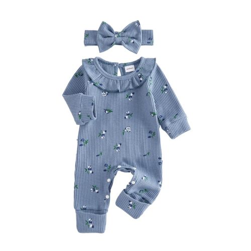 Infant Baby Girl Fall Outfit Romper Jumpsuit Newborn Waffle Clothes | Floral Print Ruffled Trim Long Sleeve Crew Neck Bodysuit Cute Clothing