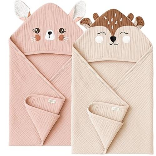 Konssy 2-Pack Muslin Baby Hooded Towels, 100% Cotton, Soft and Absorbent Baby Bath Towels for Newborn, Infant & Toddler with Animal Hooded Design(Bunny & Deer)