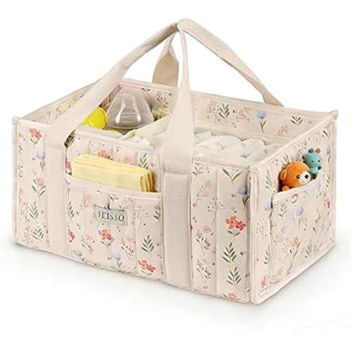 SEISSO Diaper Caddy Organizer with Handle, Portable Baby Gift Basket, Floral Diaper Organizer Nursery Storage Bag, Newborn Girl Boy Essentials, Gift for Baby Shower