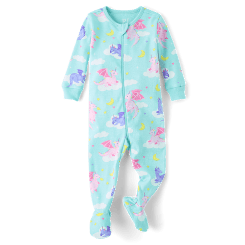 Baby And Toddler Girls Dragon Snug Fit Cotton Footed One Piece Pajamas - Blue