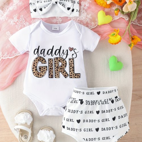 Adorable 3pcs Set for Baby Girls: 'Daddy's Girl' Letter Print Romper, Shorts & Headband - Soft Polyester, Machine Washable - Perfect for Spring/Summer, Perfect for Outdoor