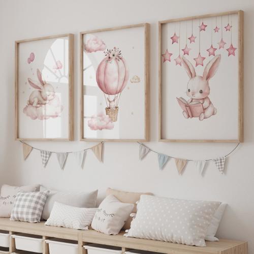 Pink Bunny Nursery Wall Art Set of 3, Baby Animal Prints, Girl Nursery Decor, Woodland Nursery, Neutral Kids Room Decor