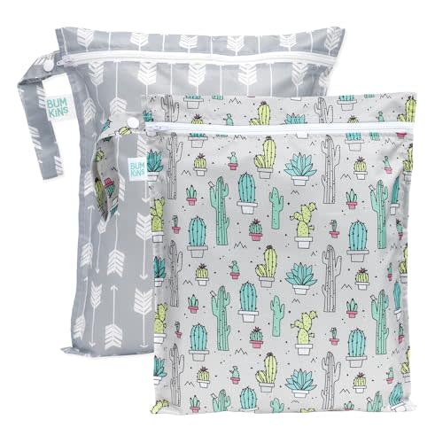 Bumkins - Waterproof Wet Bag - For Baby, Travel, Swim Suit, Cloth Diapers, Pump Parts, Pool, Gym, Toiletry, Strap to Stroller - Reusable & Easy to Clean - 2pk - Cactus & Arrows