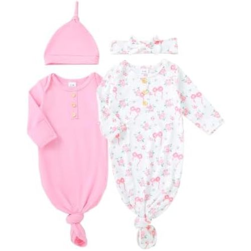 AMAWMW 2 Pack Newborn Baby Girl Boy Sleeper Gown Knotted Nightgown with Hat Pajamas Set Infant Gifts Stuff Essential Outfit