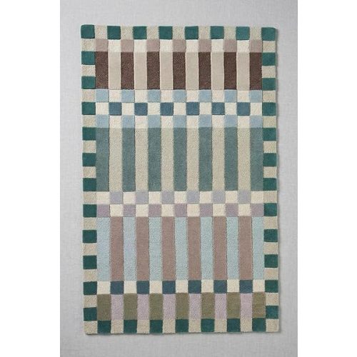 Hand-Tufted Wool Area Rug (7x10 Ft) - Modern Checkered & Striped Geometric Design - Blue, Green, Beige, and Brown - Plush Accent Rug for Living Room, Bedroom, and Office