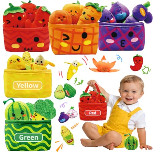 Play Food for Toddlers 1-3, Plush My First Fruit Vegetables Basket Color Sorting Rattle, Squeaker & Crinkle Play Food Set for Kitchen Baby Sensory Toys Easter Basket Stuffers Birthday Gifts 20PCS