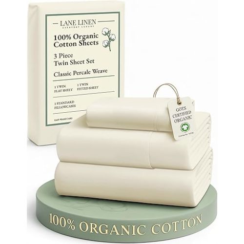 LANE LINEN 100% Organic Cotton Twin Bed Sheet Set, 3 Pc Twin Size Bed Sheets, Soft & Breathable Twin Sheet Set Boys, Hotel Style Bedding Sheets & Pillowcases, 15" Deep Fitted Sheet - Natural