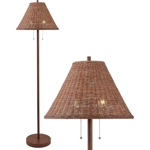 JONATHAN Y 61" Dark Brown Wood Finish 2-Light Coastal Bohemian LED Floor Lamp for Living Room, Brown Rattan Shade, Mid-Century Modern Tall Standing Lamp, Pull-Chain, LED Bulbs Included (JYL3092C)