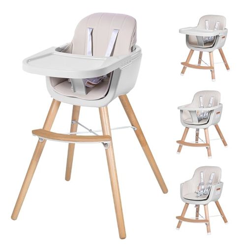 High Chairs for Babies and Toddlers,3 in 1 Convertible Wooden highchair, Baby High Chair with Adjustable Legs,5 Point Harness, Footrest, Dishwasher-Safe Tray & PU Leather Cushion, Beige