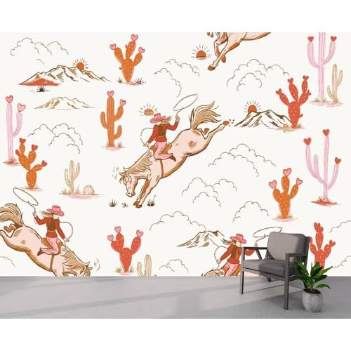 Peel and Stick Canvas Wallpaper Cute Rodeo Cowgirl Seamless Pattern Howdy Cowboy Desert Repeating Wall Decals Removable Wallpaper Wall Mural for Bedroom Room Decor Home Decor