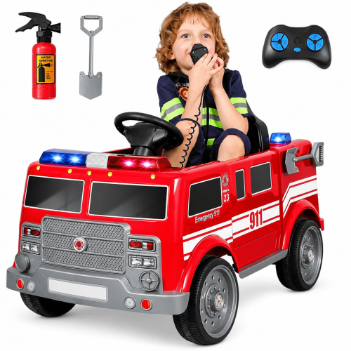 Neche Ride on Fire Truck, 12V Battery Powered Ride-On Toy Vehicle with Remote Control, Megaphone, Flashing Lights, Siren and Fire Extinguisher - For Boys and Girls Ages 3-6