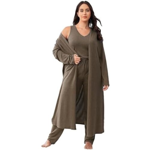 plus size 3 Piece Casual Cardigan Vest Pants Set, Women's Pajama Loungewear Set Casual Homewear Set