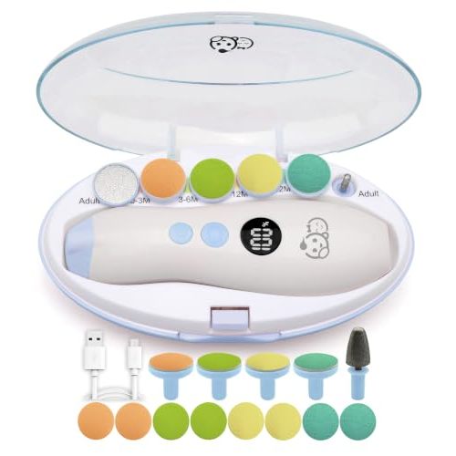 Royal Angels Rechargeable 22 in 1 Baby Nail Trimmer with LCD Display, Labeled Case, 13 Extra Pads, 4 Speed Settings, Safe Quiet LED Light Electric Baby Nail File Kit for Newborns Toddlers (WhiteBlue)