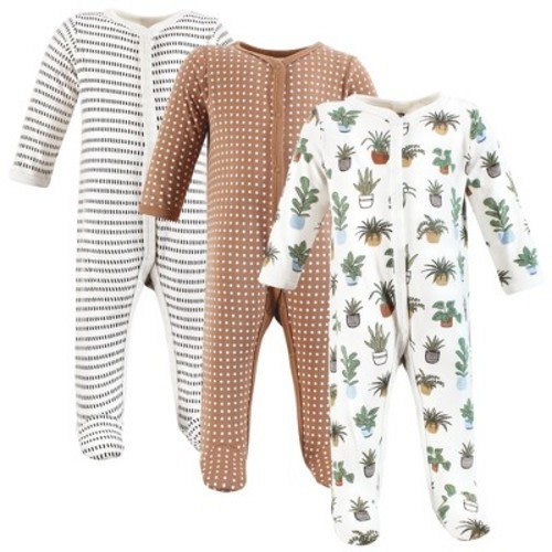 Hudson Baby Infant Baby Cotton Sleep and Play 3-Pack, Plants, 0-3 Months