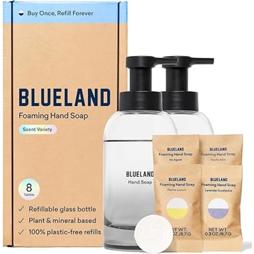 BLUELAND Hand Soap Duo, 2 Refillable Glass Foaming Hand Soap Dispensers with 8 Refill Tablets, Variety Scents, 8 x 9 Fl oz