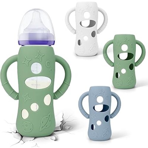 BUSOHA 3 Pack Silicone Sleeves for Lansinoh Glass Baby Bottles - Wide Neck Baby Bottles Sleeves for Lansinoh Bottles Baby Anti-Colic Bottles Holder with Handle Silicone Protector,8 oz