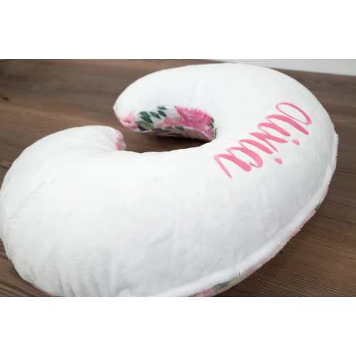 Pink Floral Nursing Pillow Cover with Name Embroidery, Light Pink Roses, Soft Velvety, Baby Girl Nursery Gift