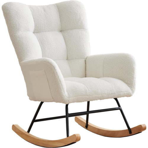 EastVita Plush Teddy Upholstered Nursery Rocking Chair with High Backrest, Comfy Glider Rocker for Breastfeeding, Indoor Accent Armchair for Living Room