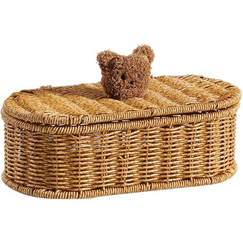 Rattan Storage Basket with Lid Vintage Storage Basket Bin Woven Oval Organizer Box Desktop Container for Bedroom Home