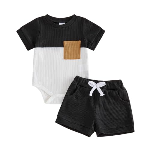 Newborn Baby Boy Summer Outfit Set Contrast Color Romper Tops With Elastic Waist Shorts Cute Infant Waffle Clothes