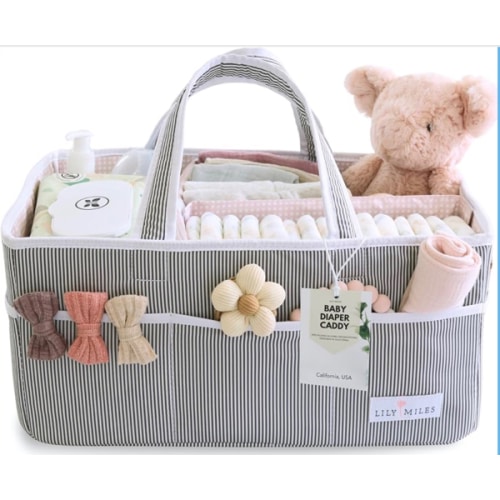 Lily Miles Baby Diaper Caddy Organizer, Girl Nursery Storage Basket with 8 Pockets, Baby Organizer and Storage, Easy-to-Clean Fabric, Large, Pink Blush