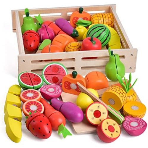 FUN LITTLE TOYS 35PCS Wooden Play Food for Kids Kitchen, Pretend Cutting Food Toys with Wooden Tray, Dishes and Knife for Kids, Pretend Play Food for Christmas Birthday Gifts
