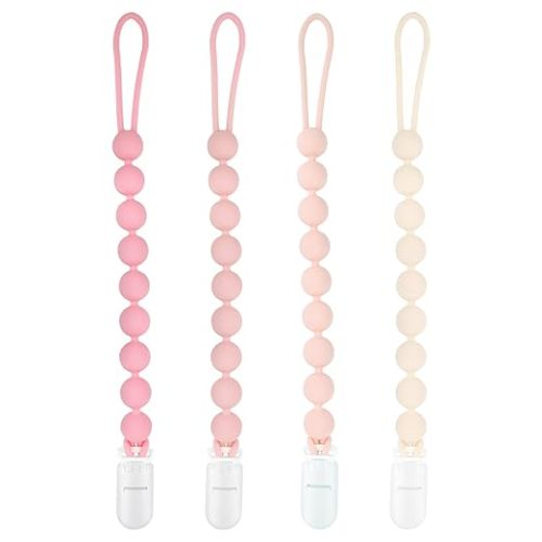 MINMUNJIU Baby Girl Newborn Essentials, 4 Pack Silicone Pacifier Clips for Girls, One Piece Flexible Soft Binky Clips Baby Stuff and Gifts for Girls