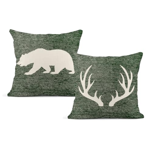 Aowced Throw Pillow Covers Set of 2, Green and White Rustic Deer Bear Farmhouse Home Decorative Throw Pillow Cases Cushion Covers for Sofa Couch Bed, 18x18 Inch