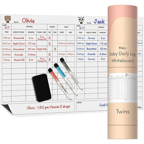 Mewl Twins Daily Log Whiteboard - Reusable Twin Baby Tracker to Log Feeding, Diapers & Sleep - Newborn Baby Journal & Schedule Chart for New Parents, Nanny, Babysitter - Pregnancy & New Mom Gift