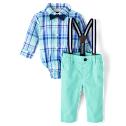 Baby Boys Dad And Me Long Sleeve Plaid Poplin Bodysuit And Chino Pants 2-Piece Outfit Set - AQUA | The Children's Place