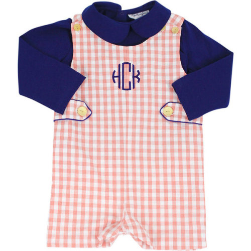 Check Shortall with Navy Knit Shirt, Coral