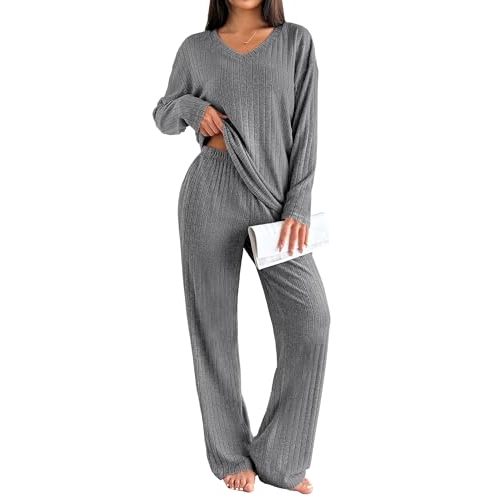 Ekouaer Lounge Sets for Women Long Sleeve Knit Ribbed Pajama Sets 2 Piece Casual Loungewear with Pockets