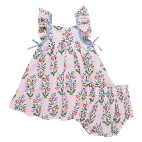 Pink Dewdrop Block Print Ailee Dress w/ Bloomers