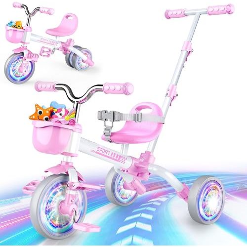 5-in-1 Light Up Tricycle with Push Handle for 1-4 Year Old,Baby Balance Bike & Toddler Bike,Color Light Wheel & Detachable Pedal,Birthday Toys for 1 2 3 4 Year Old Girls Pink