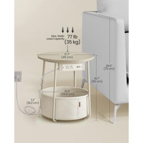 Round Side Table with Charging Station & Fabric Basket with 2 Outlets & 2 USB Ports, Cream White