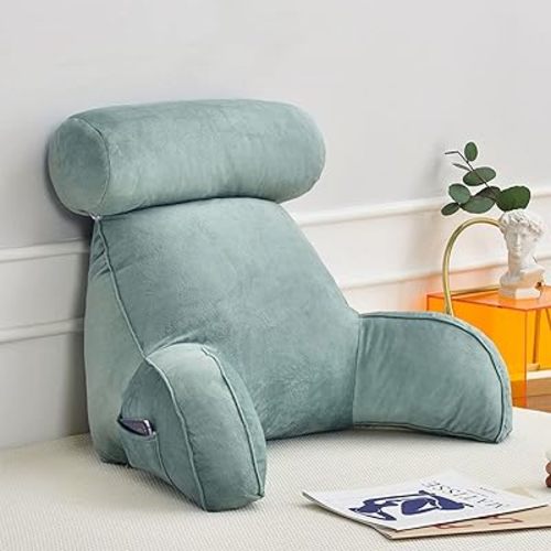 Reading Pillow, Bedrest Pillow, Lumbar Support Pillow, Backrest Lounge Cushion, Backrest Pillow with Armrest, for Sitting Up in Bed Relaxing Watching TV (Water Blue 75×40×40cm)