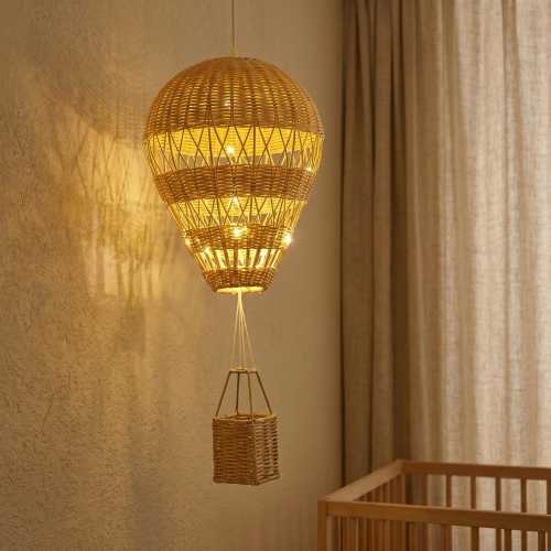 Rattan-style Hot Air Balloon Wall Decor | Boho Nursery Night Light | Celestial Moon and Stars | Baby Shower Gift | Neutral Art